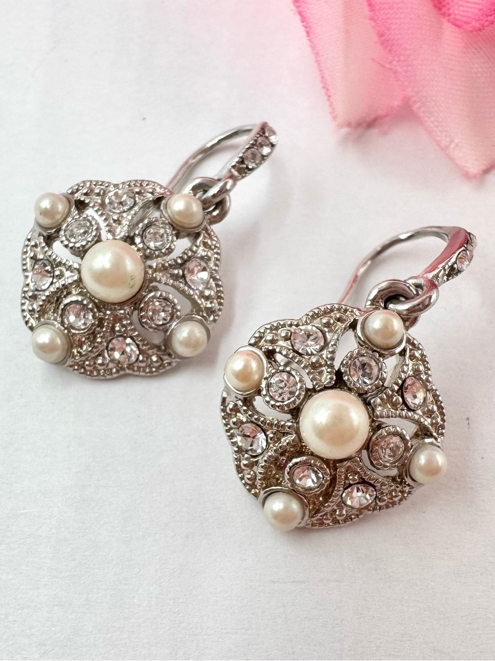 Vintage Carolee Bridal Earrings Filigree Faux Pearl Rhinestone Elegant Opulent